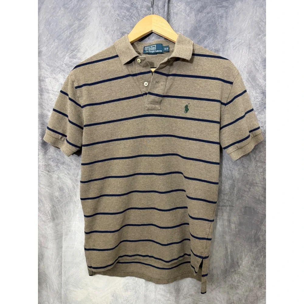 Polo Ralph Lauren Mens Small Brown Navy Striped Pique Short Sleeve Polo Shirt